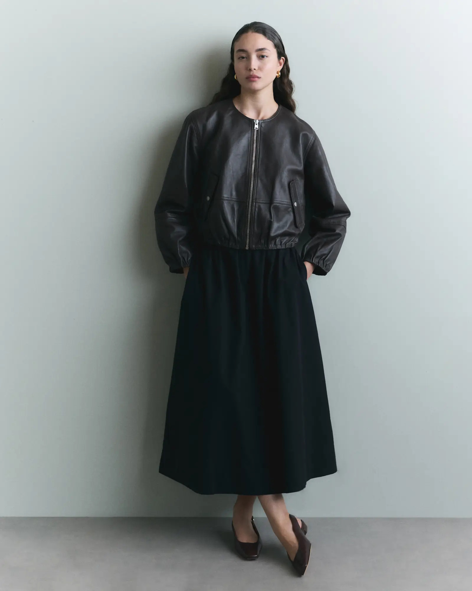 100% Leather Collarless Cropped Bubble Hem Jacket | Quince