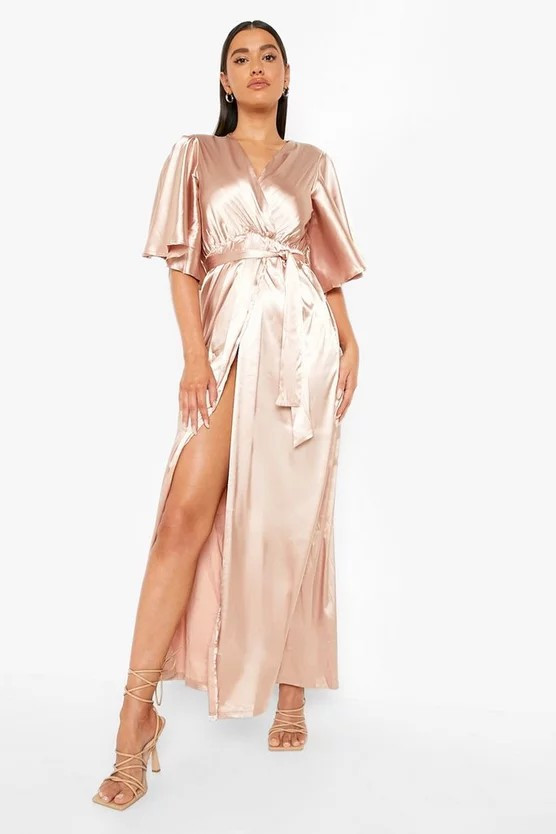 Satin Side Split Flared Sleeve Maxi Dress | Boohoo.com (US & CA)