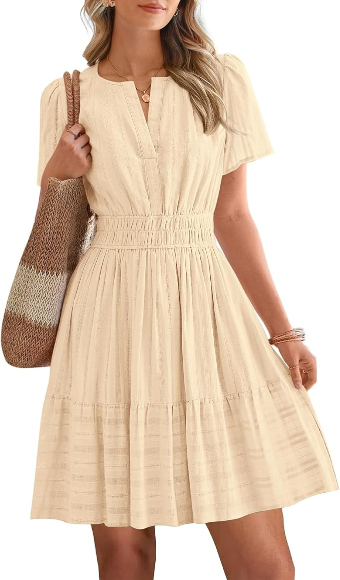 BTFBM Womens Spring 2026 Casual Mini Dresses Lightweight Short Sleeve V Neck Elastic Waist Cute B... | Amazon (US)