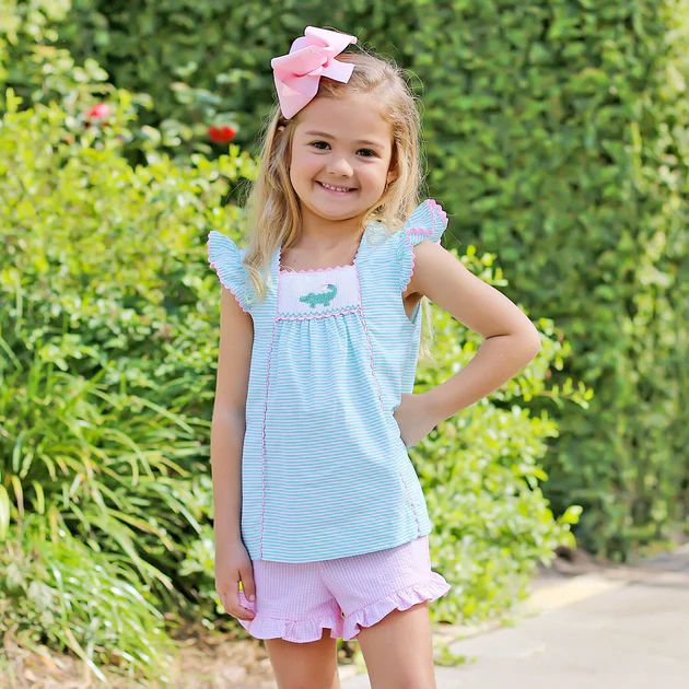 Laguna Alligator Green Seersucker Smocked Short Set | Classic Whimsy