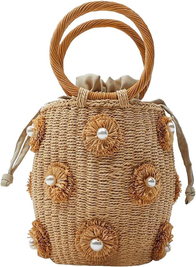 Amazon.com: NIBD Flower Pearls Rattan Tote Bag Summer Beach Drawstring Straw Bucket Bag Diamonds ... | Amazon (US)