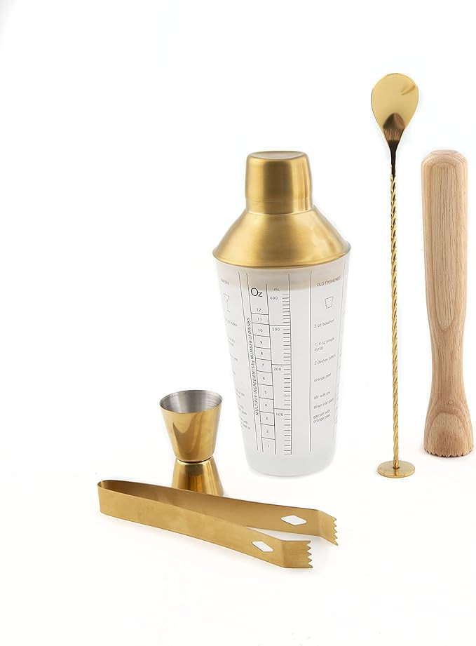 Cambridge 5-Piece Mixology Set with Brushed Gold Recipe Shaker and Tools, 15 oz, Mulitcolored | Amazon (US)