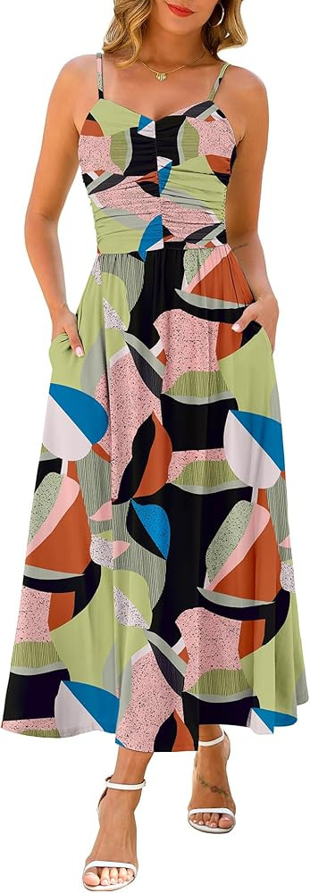 Annebouti Women 2026 Summer Spring Ruched Maxi Dress Adjustable Spaghetti Strap Floral Beach Long... | Amazon (US)