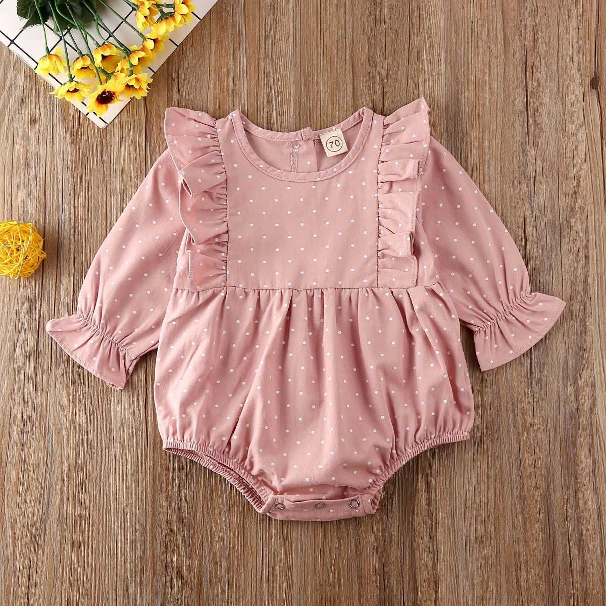 VISgogo Baby Polka Dot Print Romper, Infant Long Sleeve Jumpsuit with Ruffle | Walmart (US)