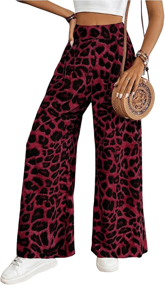 SweatyRocks Women's Leopard Print High Waisted Wide Leg Pants Casual Long Trousers | Amazon (US)