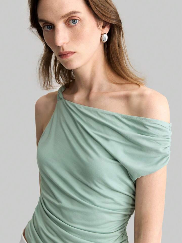 Ontre Damen Frühlings-Top In Uni-Farben, Lässiges Asymmetrisches Ausschnitt-Top, Minimalistischer Stil Für Den Täglichen Gebrauch | SHEIN