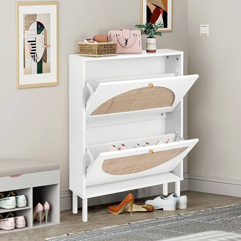 SSLine Shoe Cabinet with 2 Flip Down Storage Shelves Free-Standing Shoe Rack Modern White Wood Sh... | Amazon (US)