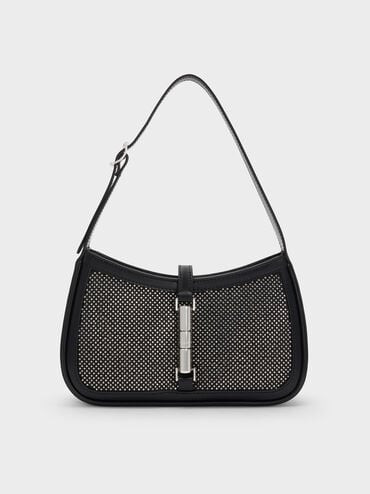 Cesia Satin Crystal-Embellished Metallic-Accent Shoulder Bag
    
         - Lustrous Noir | Charles & Keith US