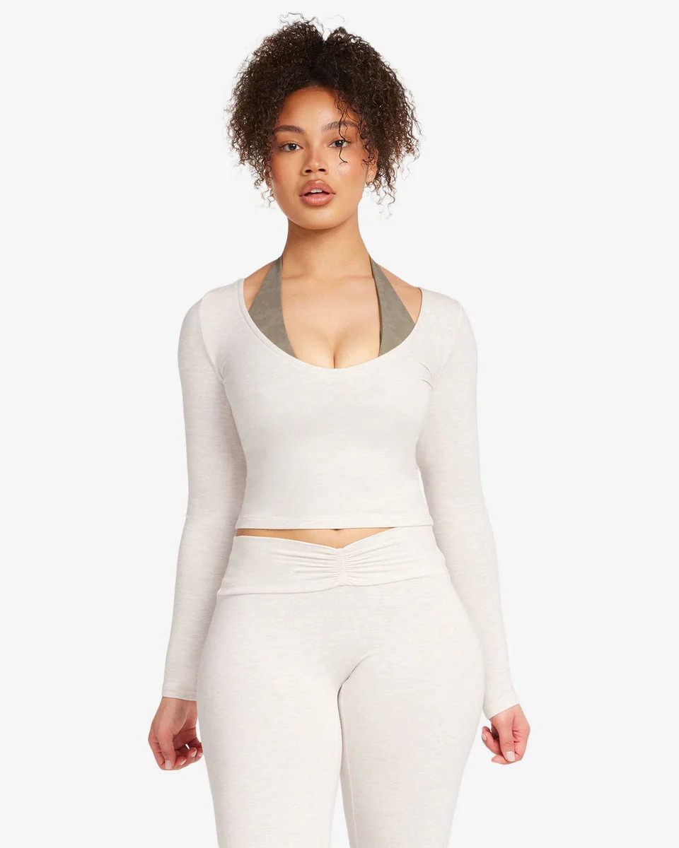 V Neck Long Sleeve Top | Oat Marl | Crop Shop Boutique AU