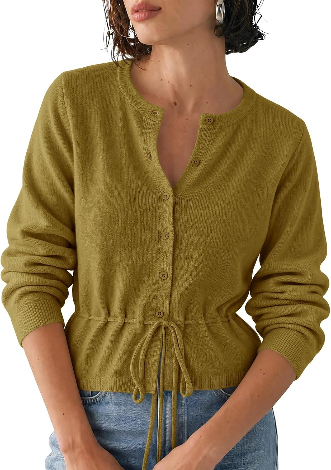 Saodimallsu Womens Cropped Cardigan Button Up Tie Crew Neck Fall Sweaters | Amazon (US)