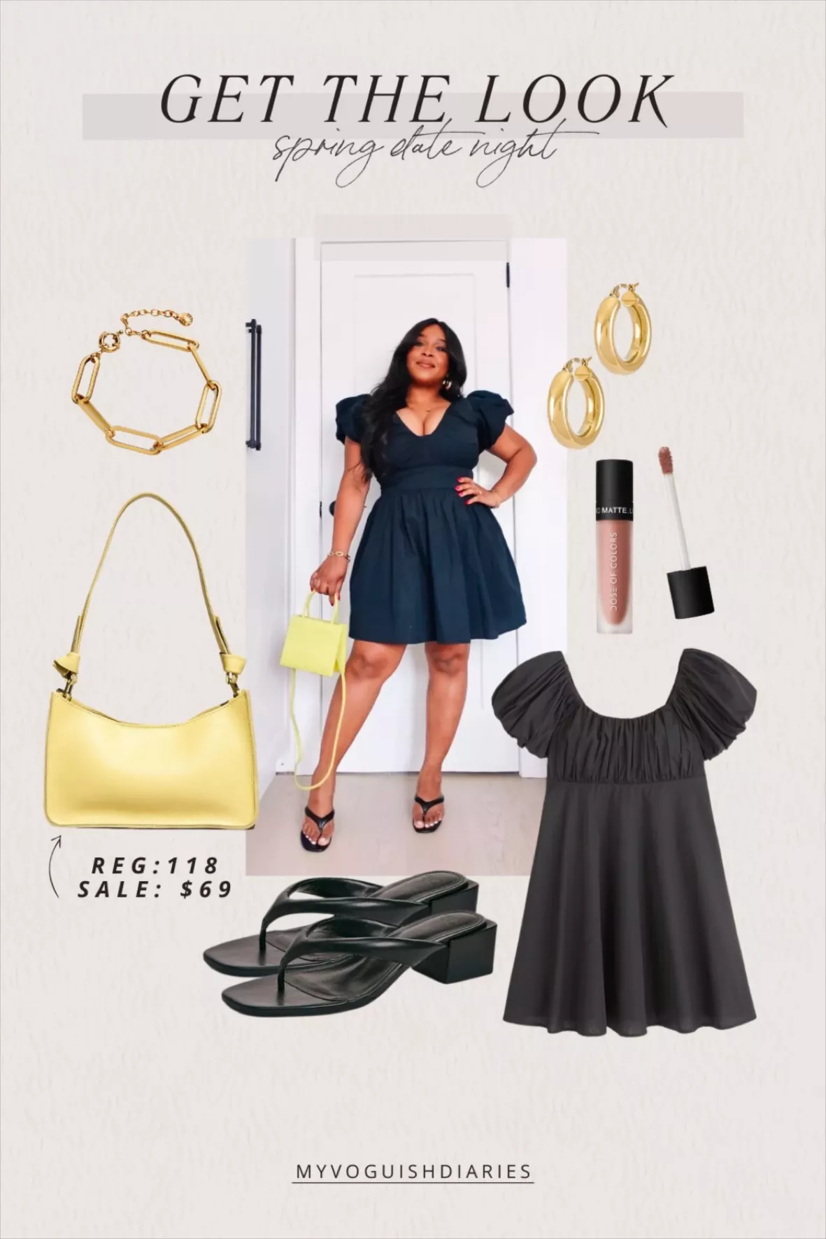 Puff sleeve black dress and sandals outfit