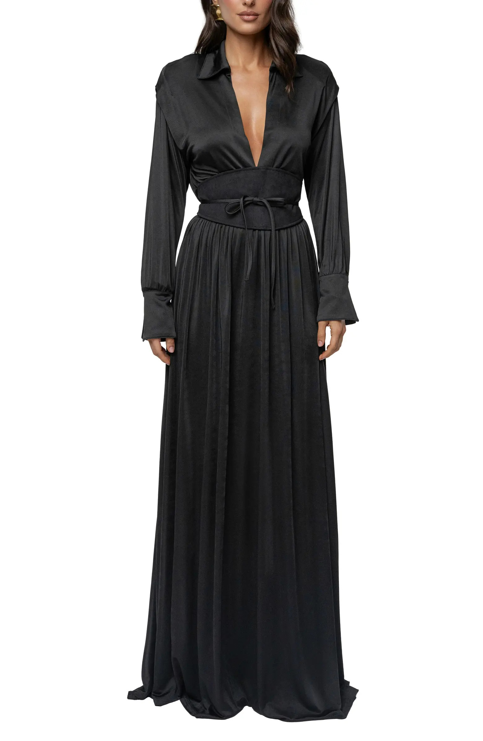 JLUXLABEL Collar Long Sleeve Satin Gown | Nordstrom | Nordstrom