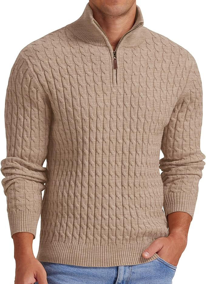 Askdeer Men's Quarter Zip Pullover Sweater Cable Knit Mock Neck Polo Sweater Classic Casual Sweat... | Amazon (US)