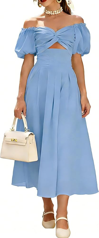 Women's Summer Puff Sleeve Midi Dress Cut Out A Line Smocked Flowy Dresses Beach Vacation Long Dr... | Amazon (US)