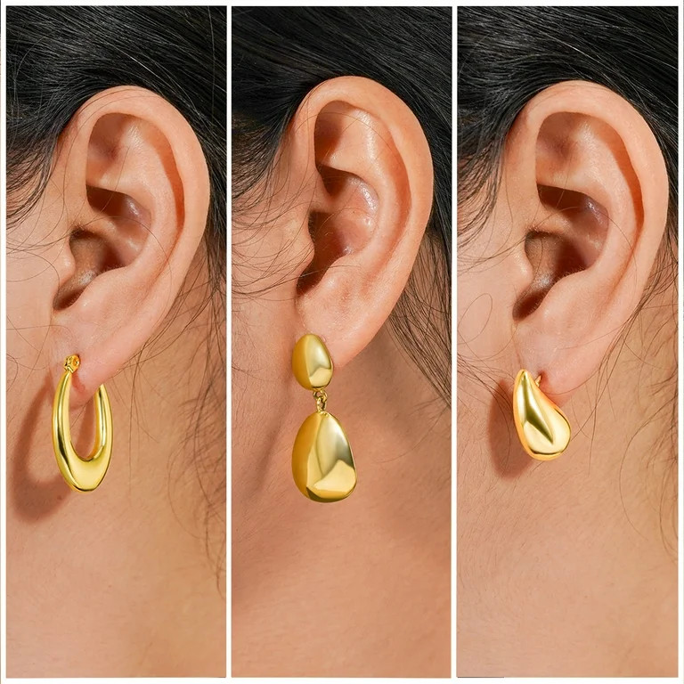 JeenMata Hoop Chunky Drop Golden, Earrings, Stainless Steel, 3 Count | Walmart (US)