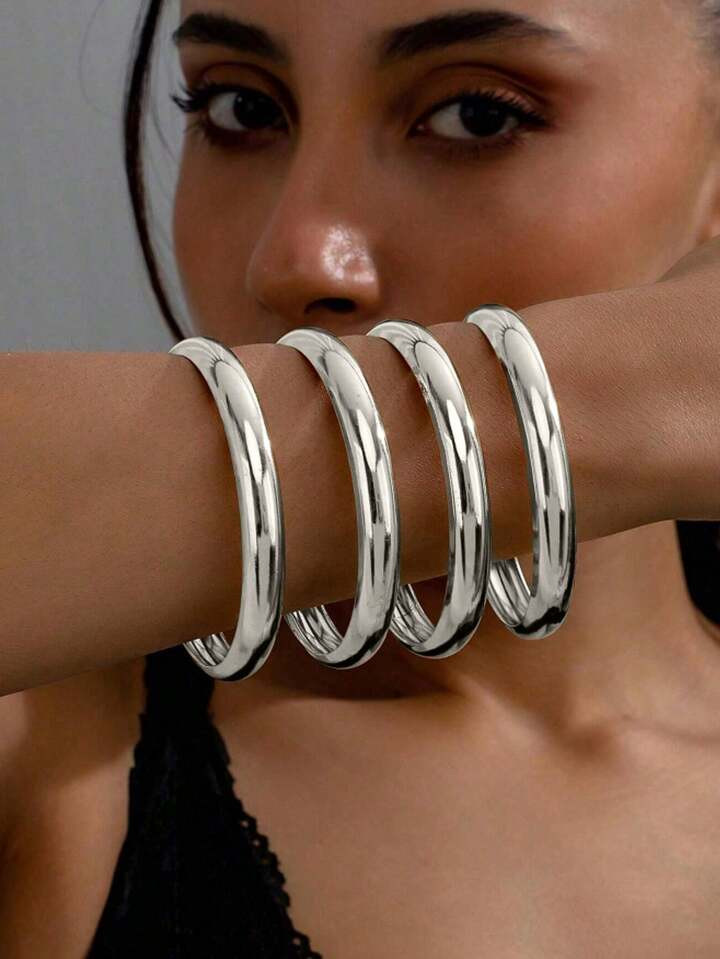 4pcs Minimalist Smooth Metal Bangle Bracelets, Gold Color Fashion Accessories For Holiday, Party, Date, Girlfriend Gift | SHEIN