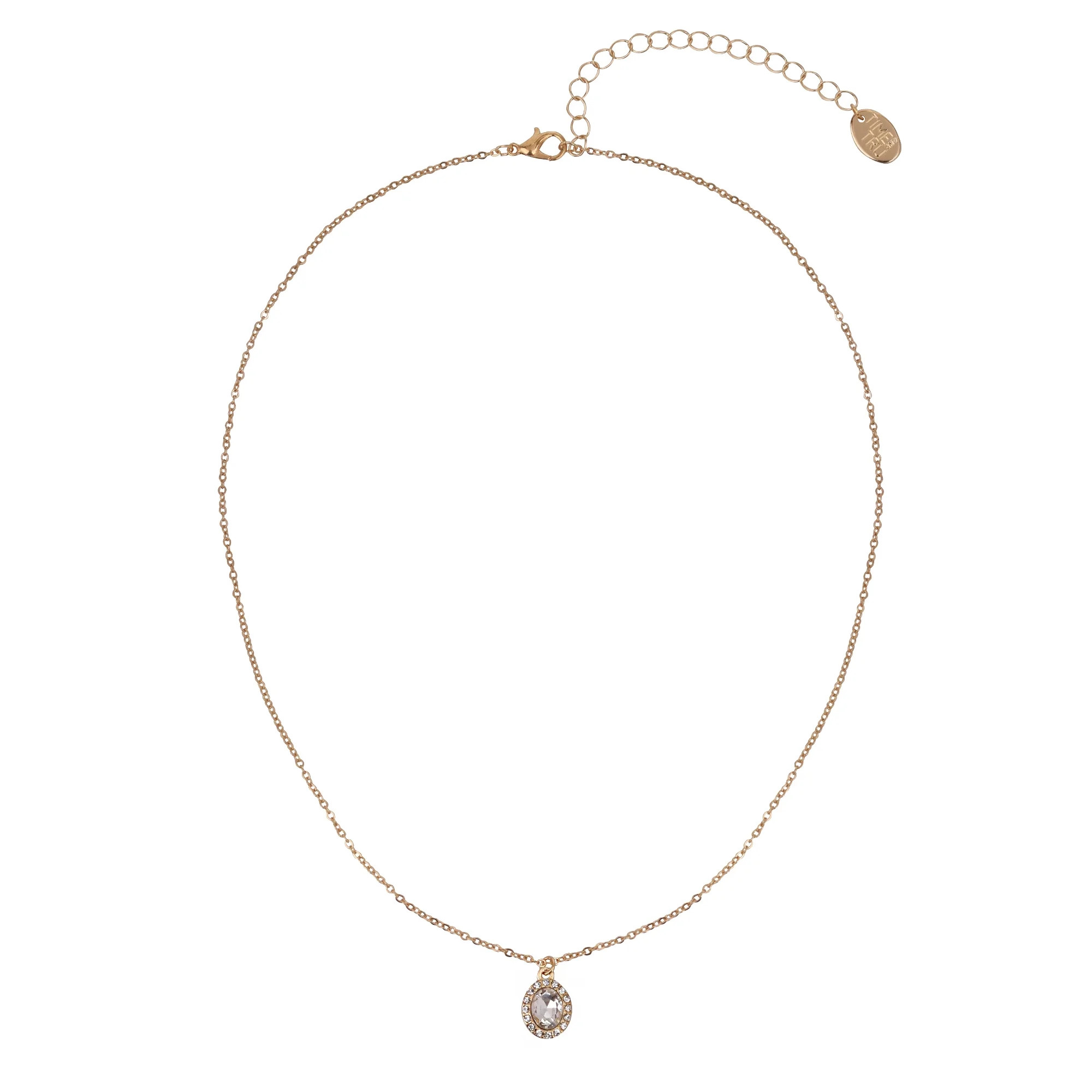 Time and Tru Adult Women's Gold Tone Oval Halo Crystal Delicate Metal Pendant Necklace | Walmart (US)