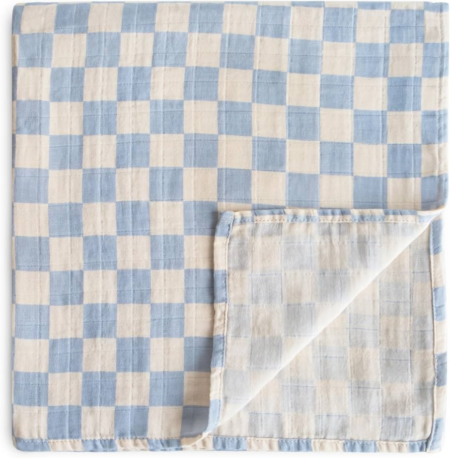 mushie Muslin Baby Swaddle Blanket | 100% Organic Cotton (Blue Check) | Amazon (US)