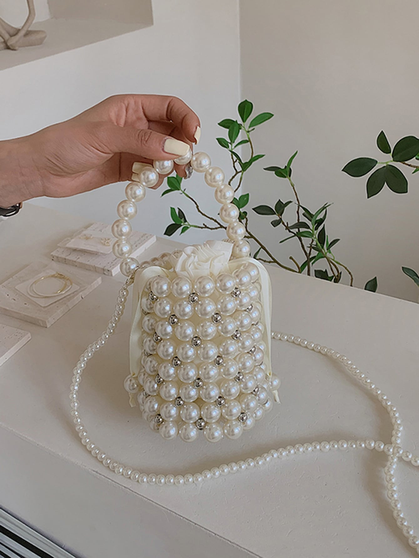Waterproof Trendy Argyle Princess Faux Pearl & Rhinestone Beaded Pearl Bag Mini Square Bag Faux P... | SHEIN