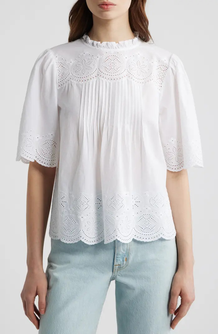 Embroidered Pintuck High Neck Cotton Voile Top | Nordstrom