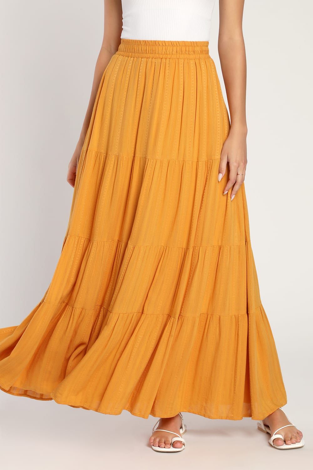 Sunset by the Sea Mustard Yellow Embroidered Tiered Maxi Skirt | Lulus (US)