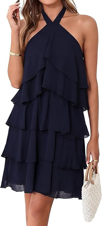 Simplee Womens Summer Floral Mini Dress Casual Sleeveless Halter Ruffle Tiered Chiffon Boho Beach... | Amazon (US)