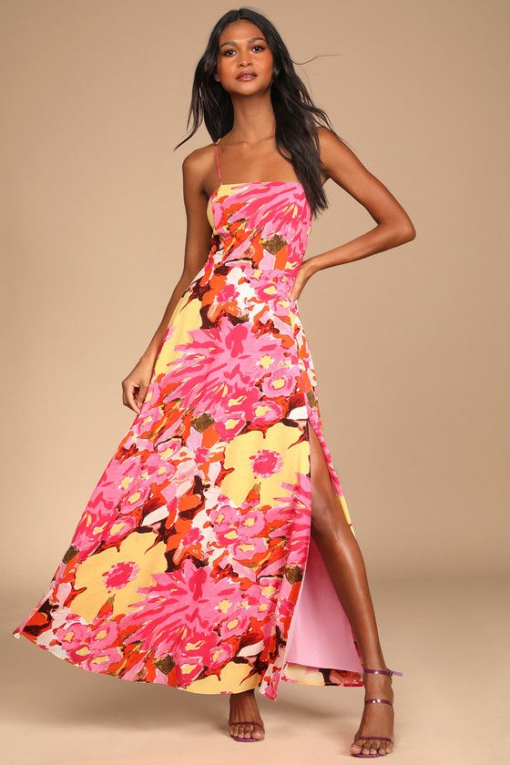 Beautiful and Bold Pink Multi Floral Print Lace-Up Maxi Dress | Lulus (US)