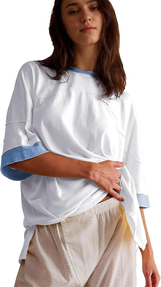 Ainangua Oversized Short Sleeve Shirts for Women Loose Fit Color Block Basic Avery Tee Casual Cut... | Amazon (US)