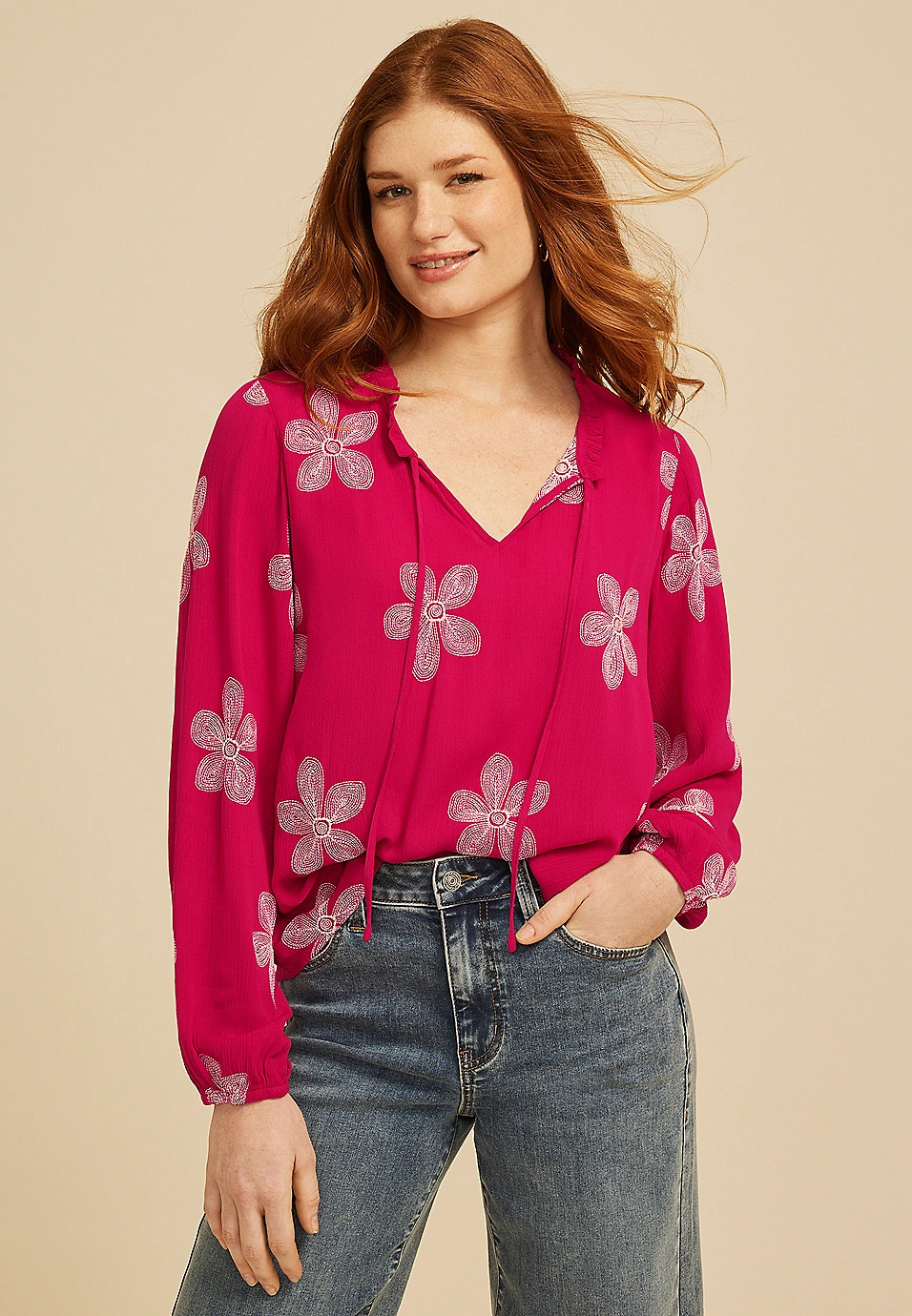 Floral Split Neck Peasant Blouse | Maurices