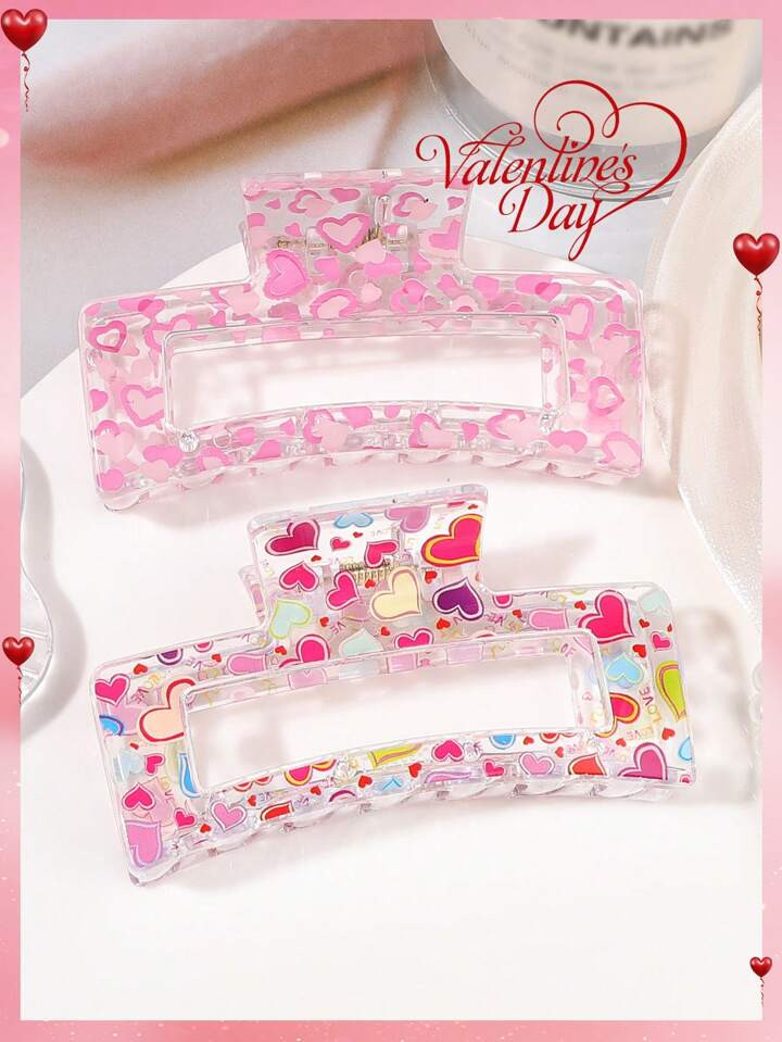 2pcs/Set Valentine's Day Heart Pattern Cute Sweet Translucent Hair Clips, Couple Gift, Versatile ... | SHEIN