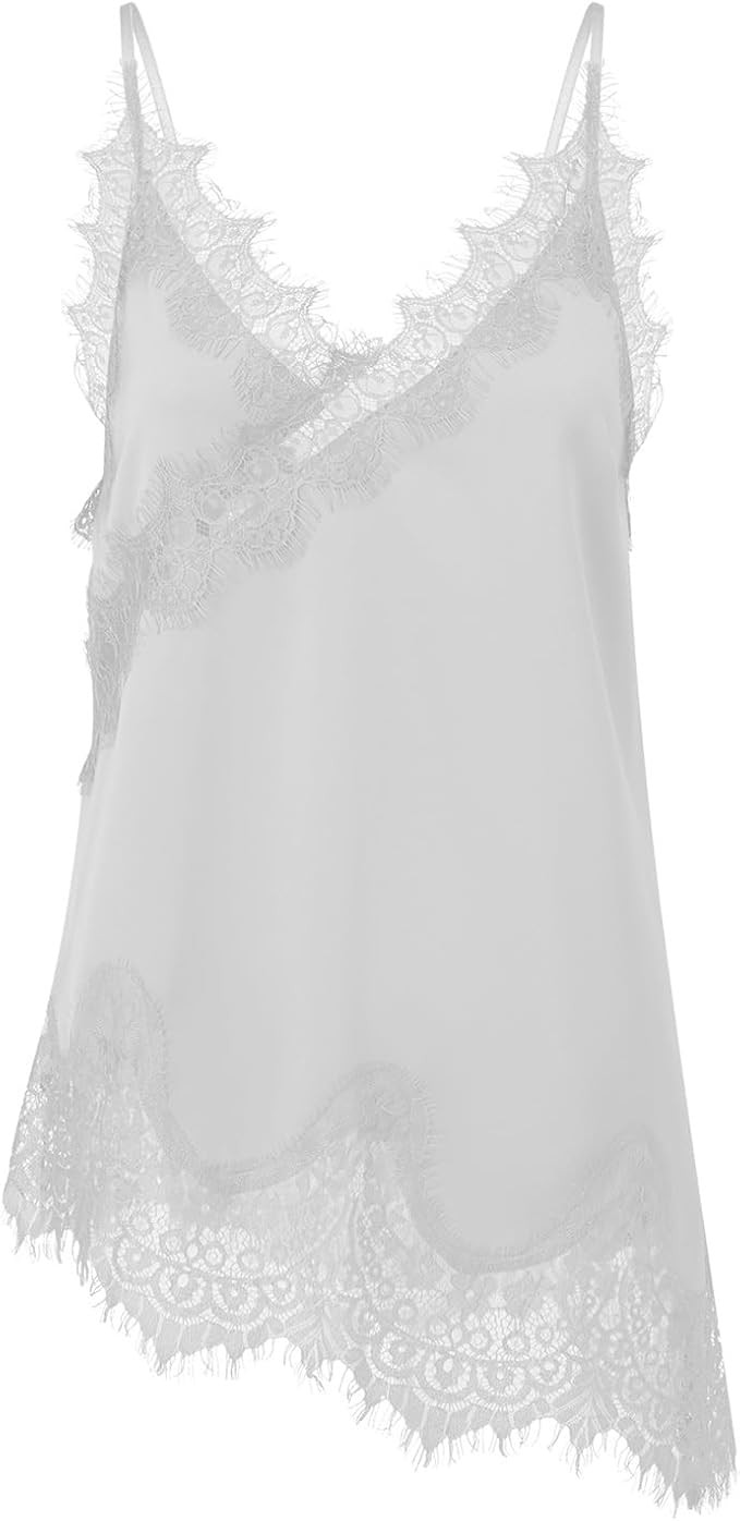 Women Lace Trim Satin Tank Top Y2k Going Out Silk Camisole | Satin Lace Top,V Neck Sleeveless Spa... | Amazon (US)