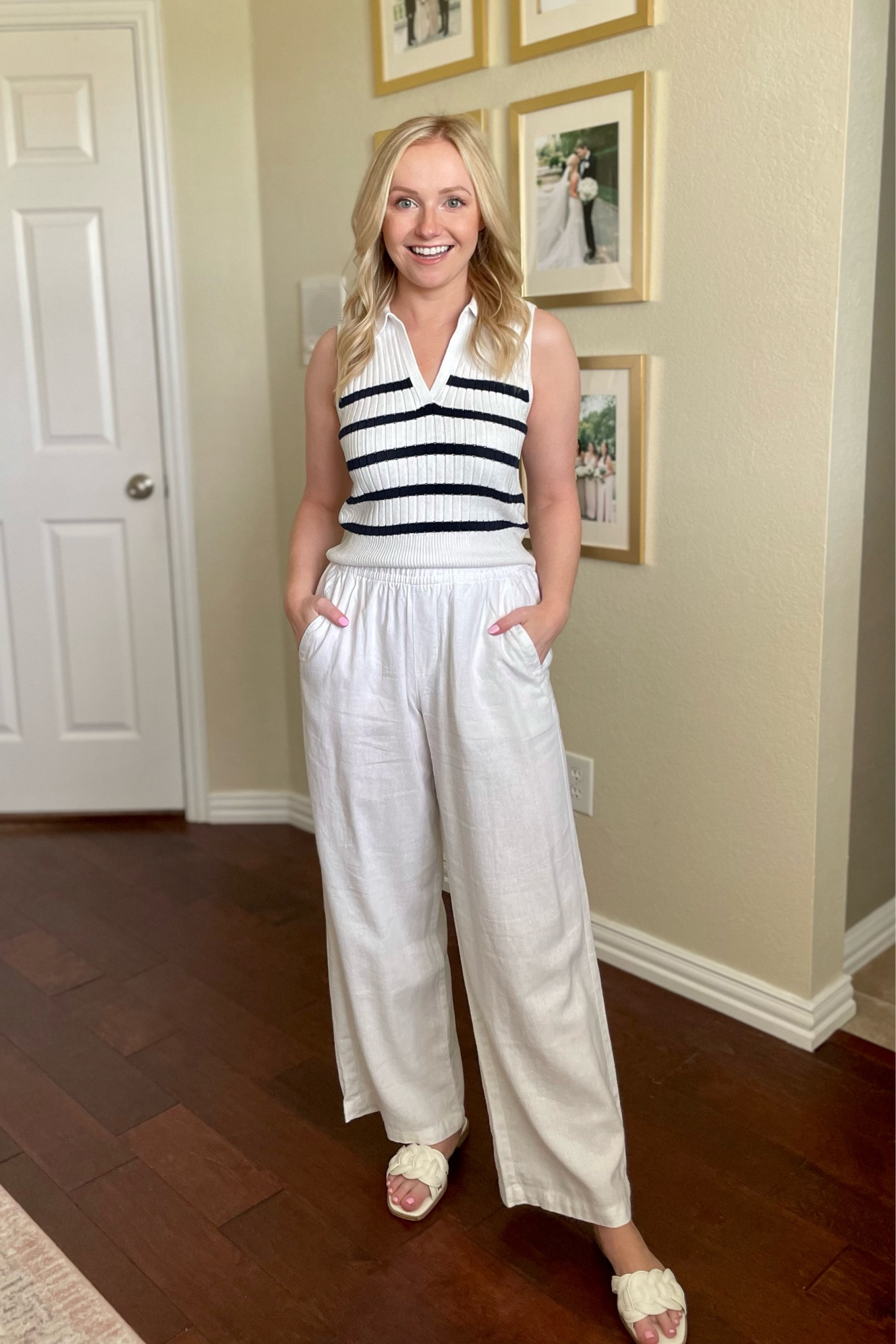 Wearing an XS in both top and pants! | polo tank, striped tank, sweater tank, linen pants, white linen pants, old navy, coastal style, coastal outfit, summer outfit, summer 2023 

#LTKSeasonal #LTKstyletip #LTKFind