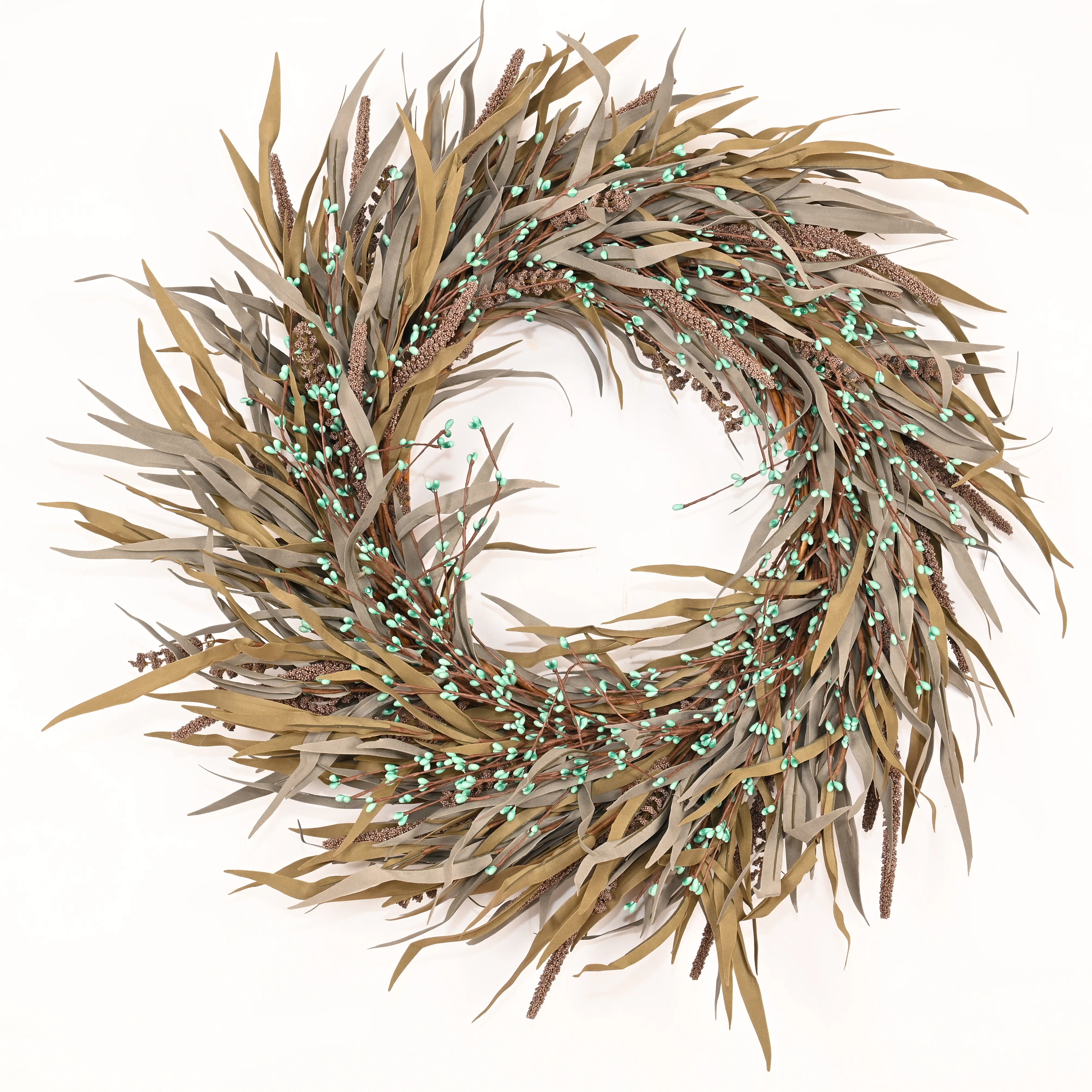24" Artificial Farmhouse Harvest Thanksgiving Day Blossoms Cluster Grass Berry Fall Wreath For Front Door | Wayfair North America