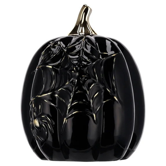 My Texas House Large Stoneware Spiderweb Pumpkin Tabletop Decoration, Black and Gold, 7" | Walmart (US)
