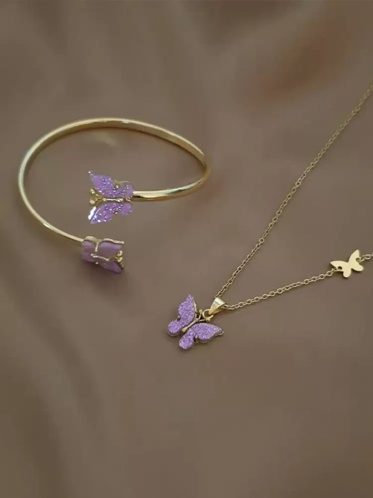 2pcs Purple Butterfly Acrylic Decorated Necklace & Bracelet Jewelry Set | SHEIN