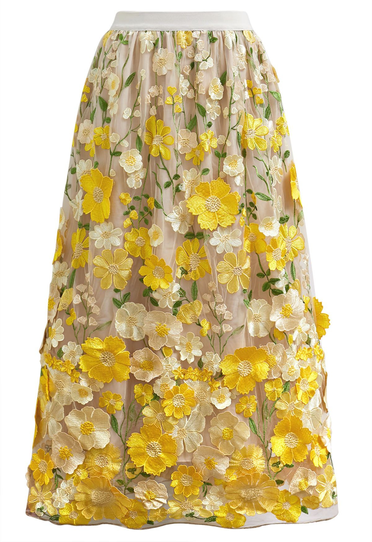 3D Floral Applique Mesh Tulle Maxi Skirt in Yellow | Chicwish