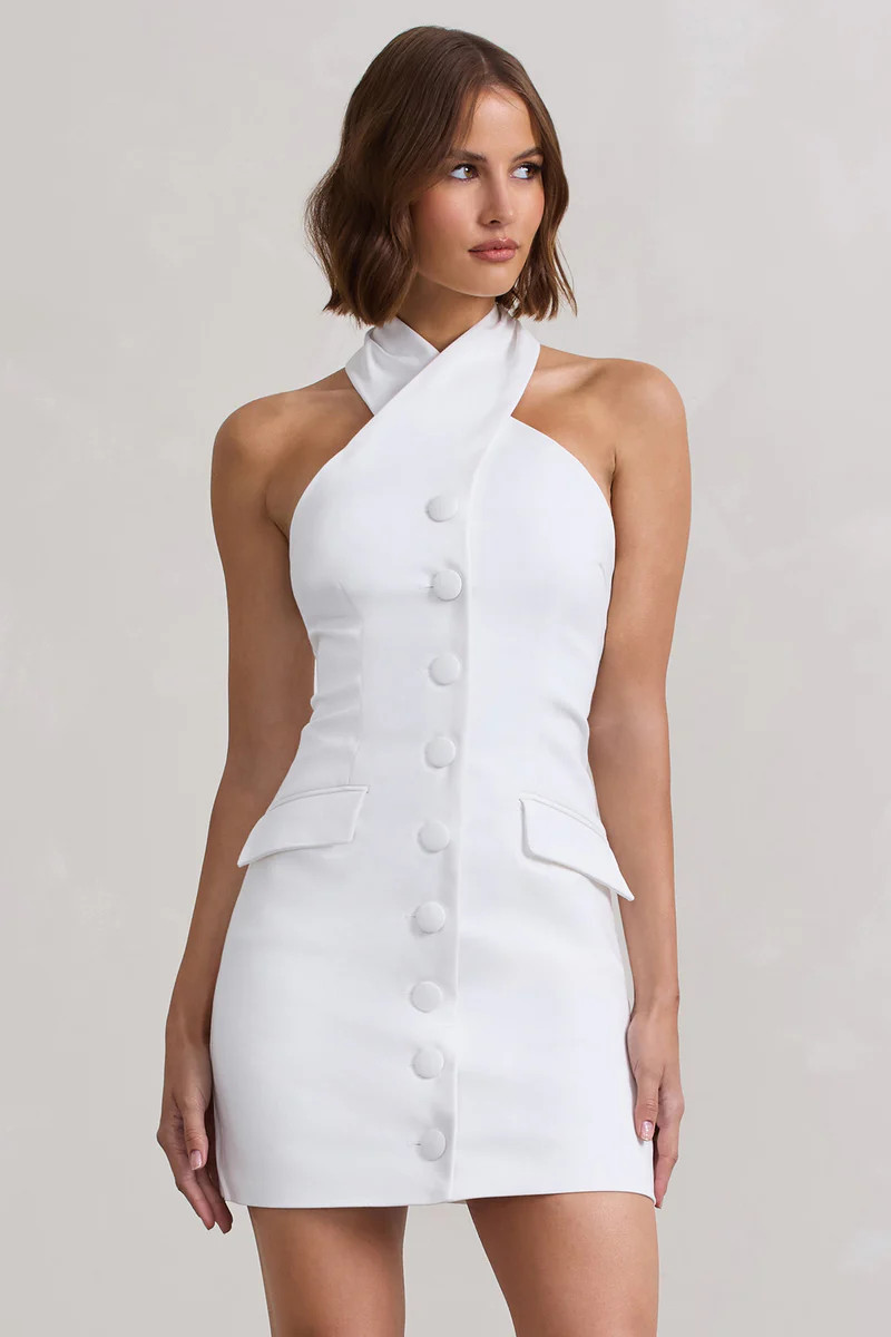 Dani | White Halter Neck Tailored Buttoned Bodycon Mini Dress | Club L London AU
