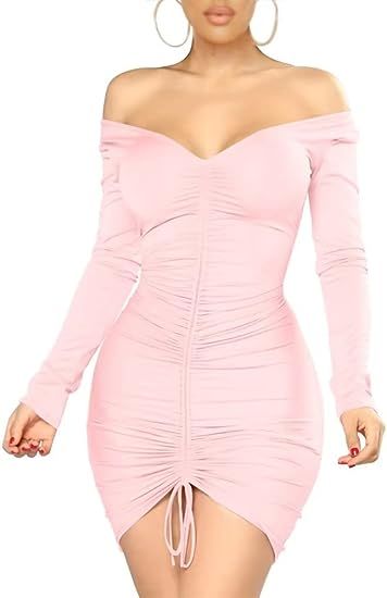 XXTAXN Women's Sexy Elegant Long Sleeve Off The Shoulder Ruched Mini Dress | Amazon (US)