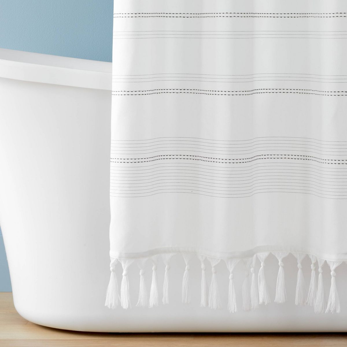 Woven Stripe Tassel Shower Curtain White/Dark Gray - Hearth & Hand™ with Magnolia | Target