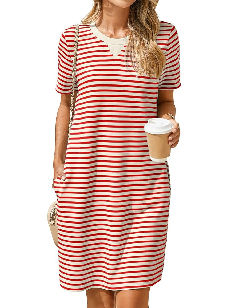 Glamaker Women Summer Tshirt Shift Dress Casual Striped Short Sleeve Crew Neck Knee Length Comfy ... | Amazon (US)