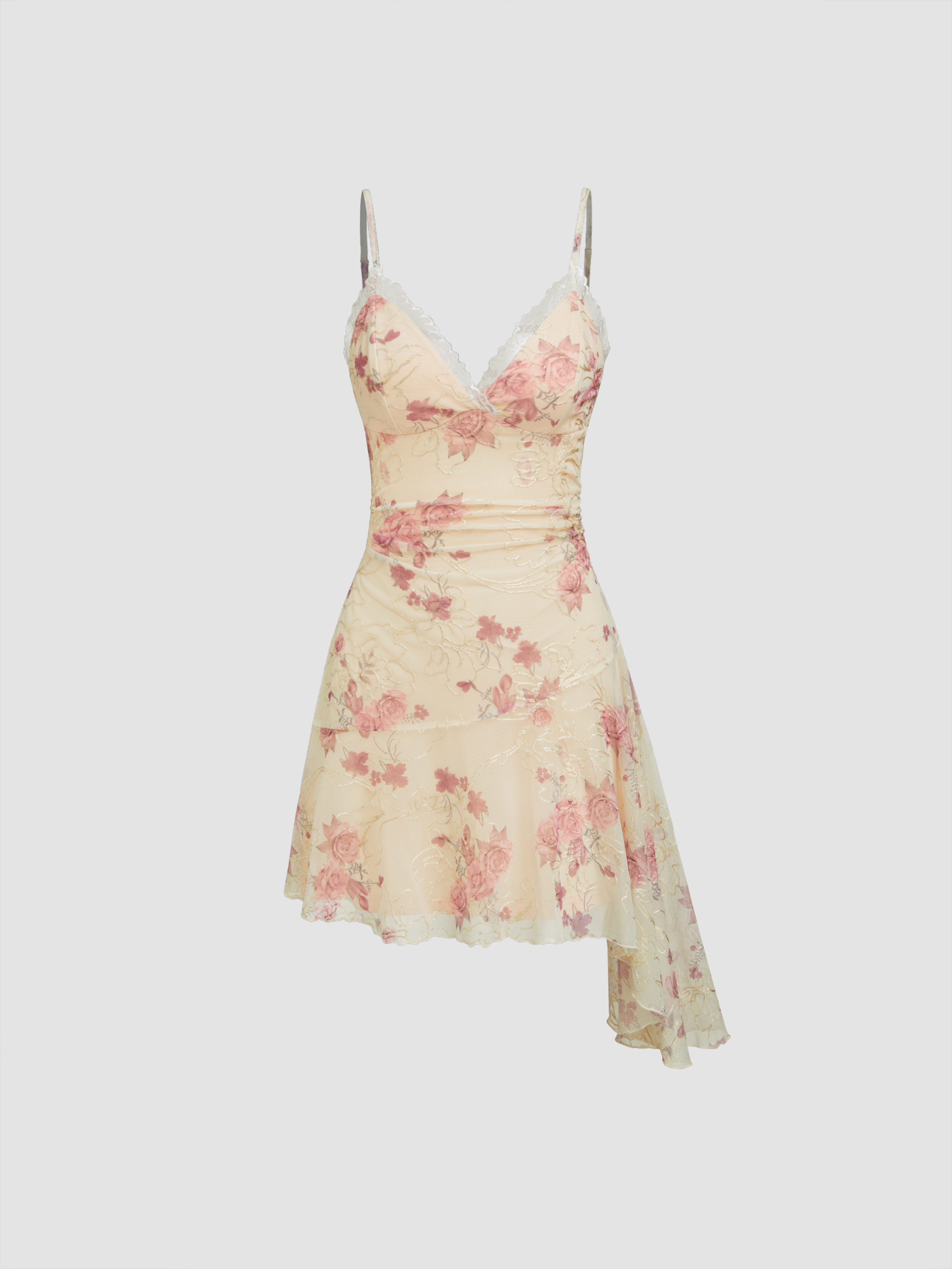 Mesh Mesh V-neck Floral Lace Trim Ruched Asymmetrical Hem Mini Dress For Date | Cider