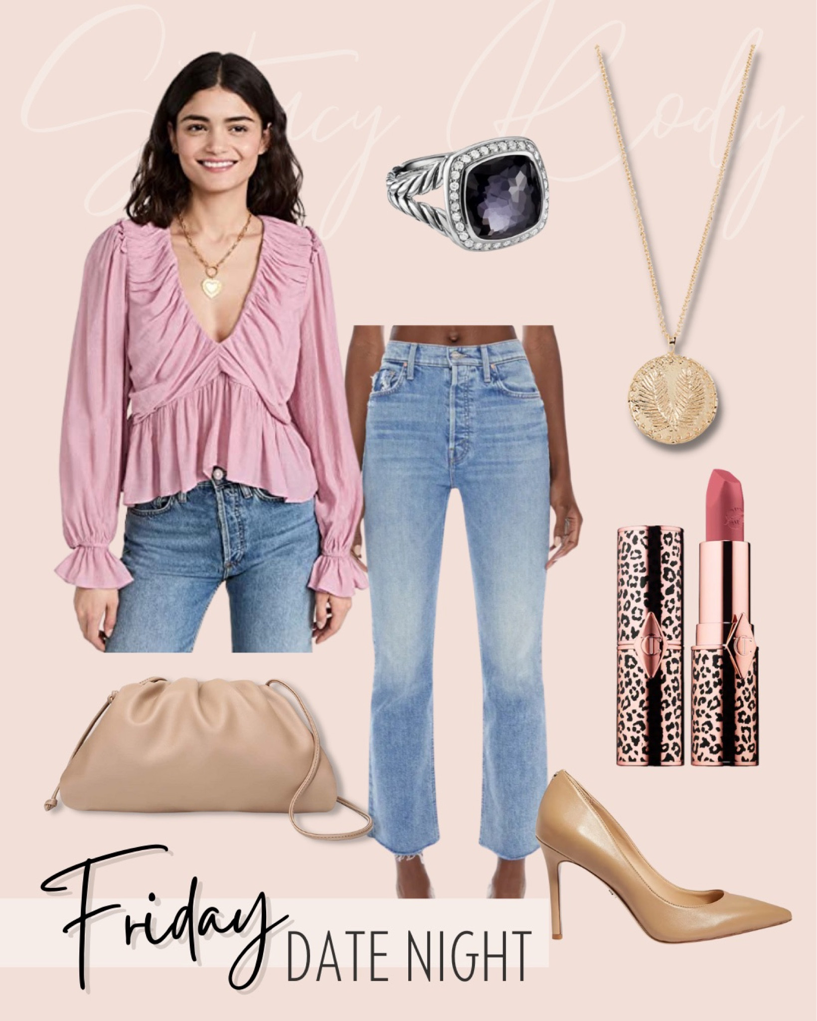 Date night look 
Amazon clutch 
Dance floor Princess lipstick 
Mother denim 
Free People top 
Gorjana jewelry 
David Yurman ring 

#LTKunder50 #LTKstyletip #LTKFind