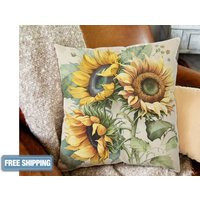 Beautiful Sunflower Throw Pillow Cover | 18"" X 18"" - Floral Print On Beige, Faux Suede Cover, Different Design Each Side | Etsy (US)