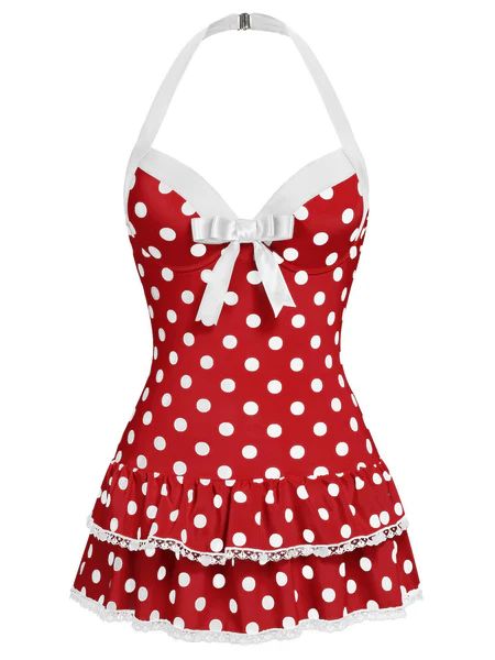 Red 1940s Polka Dots Halter One-Piece Swimsuit | Retro Stage