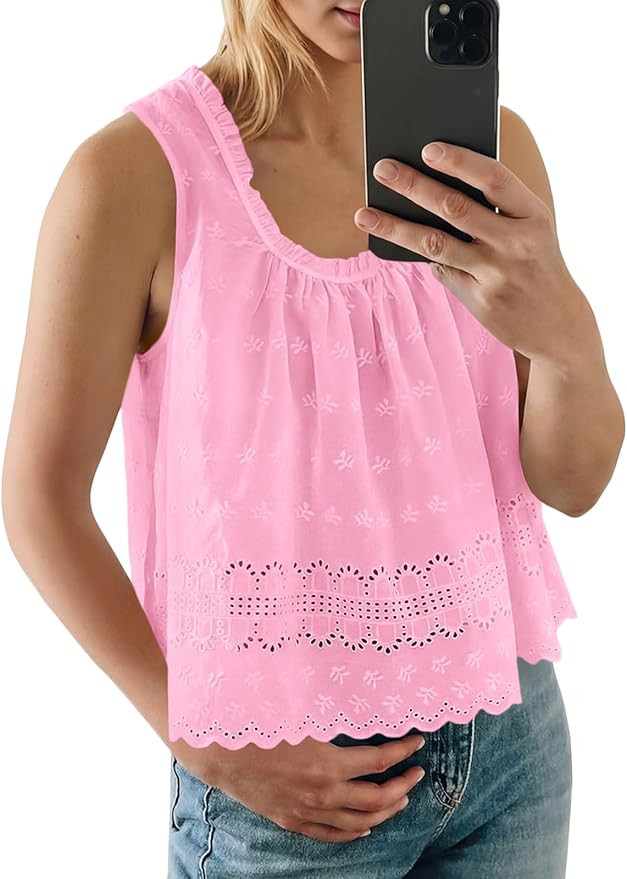 Tankaneo Womens Eyelet Babydoll Tank Top Summer Embroidered Floral Scoop Neck Tops Sleeveless Cas... | Amazon (US)