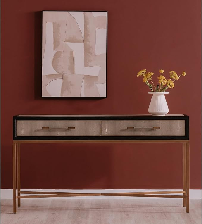 Vaughn, Console Table, Shagreen Patterned Polyurethane, Brass-Finished Legs, Solid Black Oak Fram... | Amazon (US)