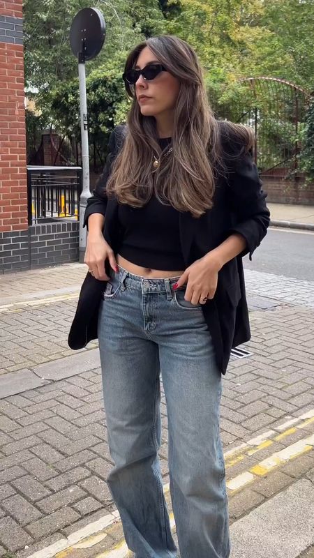 Black blazer outfit idea, straight baggy jeans, black racer top, new balance trainers, casual style, autumn outfit Inspo, mid-rise jeans 

#LTKeurope #LTKSeasonal #LTKstyletip