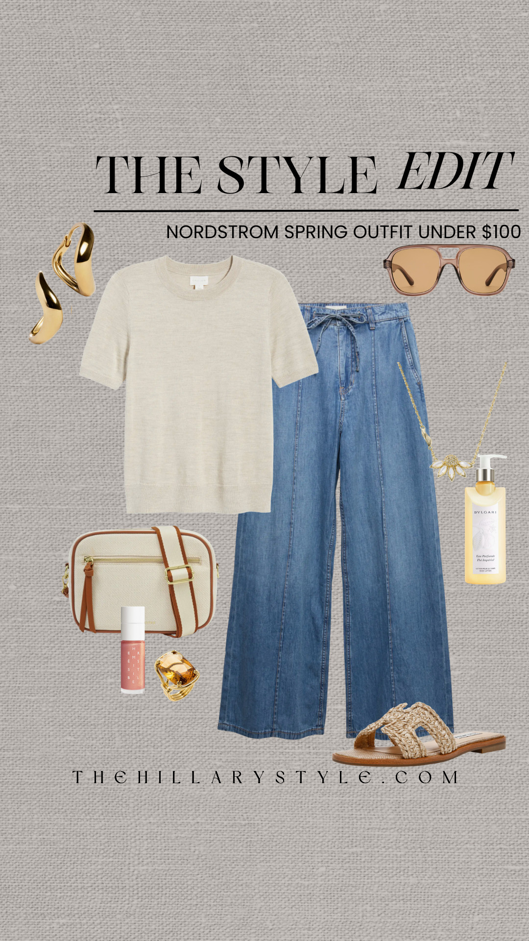 Nordstrom Spring Outfit Under $100
Get ready for spring with this affordable outfit idea from Nordstrom! Each piece in this style edit is under $100, including the short-sleeve knit top, wide-leg jeans, woven slides, and chic accessories like the cross-body bag and gold hoops. Create a complete, budget-friendly look that's perfect for warm weather. 

 #TheHillaryStyle #nordstrom #nordstromoutfit #springfashion #affordablefashion #outfitinspiration #capsulewardrobe #under100 #styleedit #fashionover40 #everydaystyle #ltkwear #ltkunder100 #ltkunder50 

#LTKootd #LTKSeasonal #LTKOver40