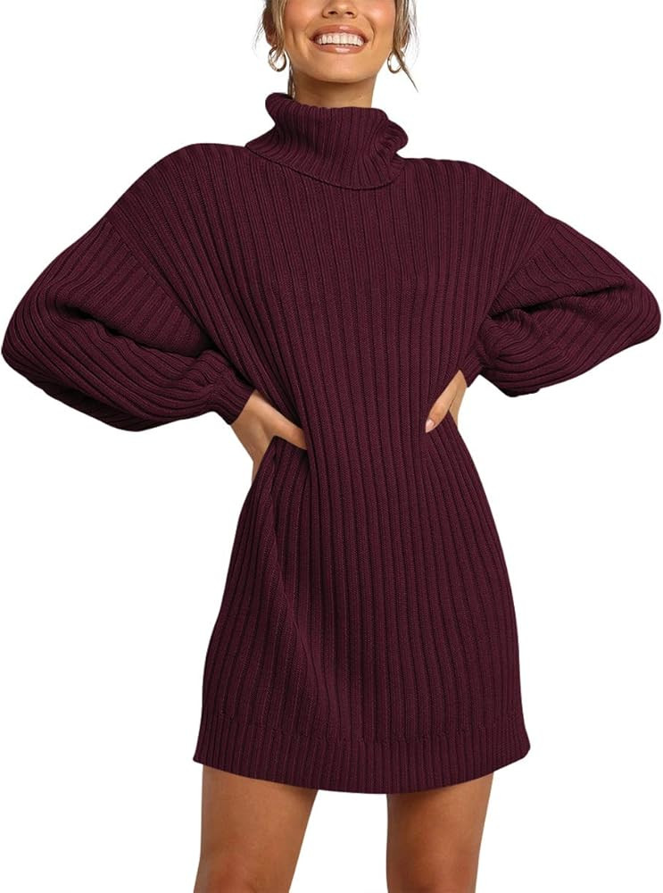 Women Turtleneck Long Lantern Sleeve Casual Loose Oversized Sweater Dress Soft Winter Pullover Dr... | Amazon (US)