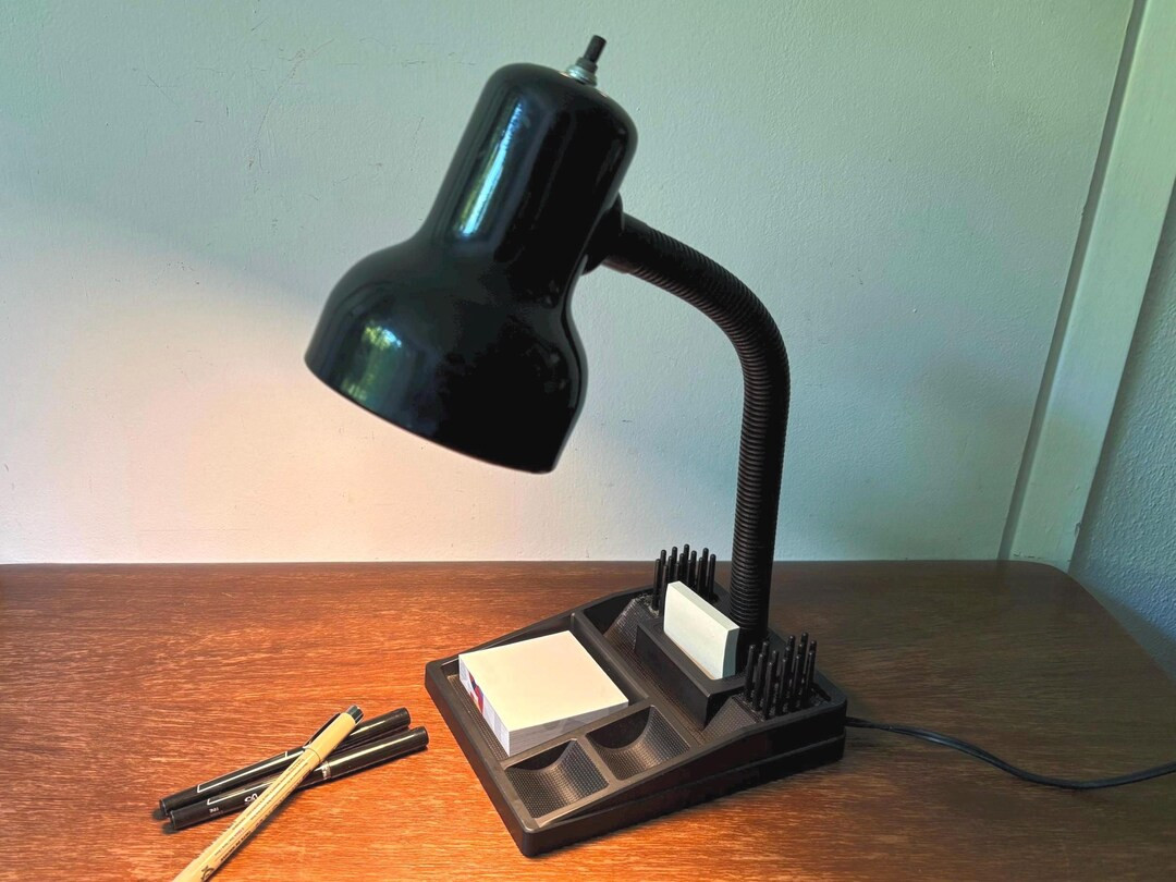 Vintage Black Portable Gooseneck Metal Desk Lamp W Caddy Stationery Holder Organizer Tray | Retro... | Etsy (US)